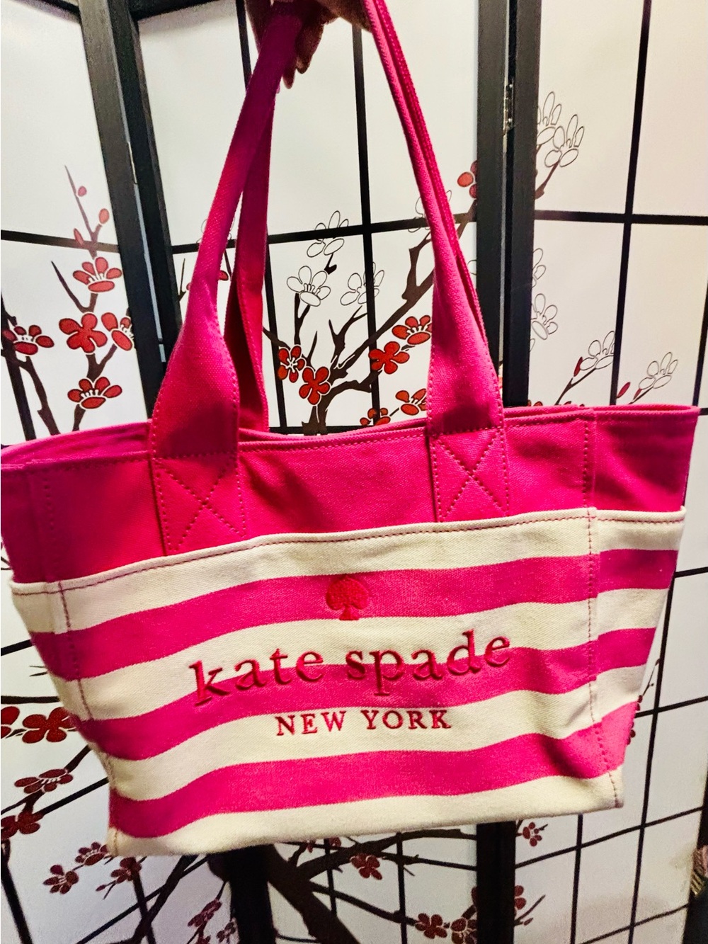 kate spade Pink and Cream Striped Canvas Tote